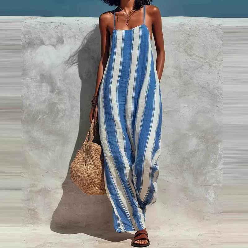 

Elegant Off Shoulder Suspender Jumpsuit Women Fashion Striped Print Street Loose Romper Casual Sleeveless Pocket Long Playsuits