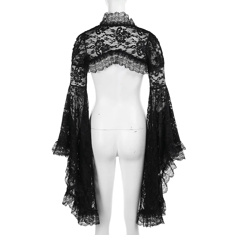 Goth Black Lace Mesh See Through Flared Sleeve Smocks Vintage Elegant Aesthetic Cover ups Women Crop Tops Autumn New Fashion