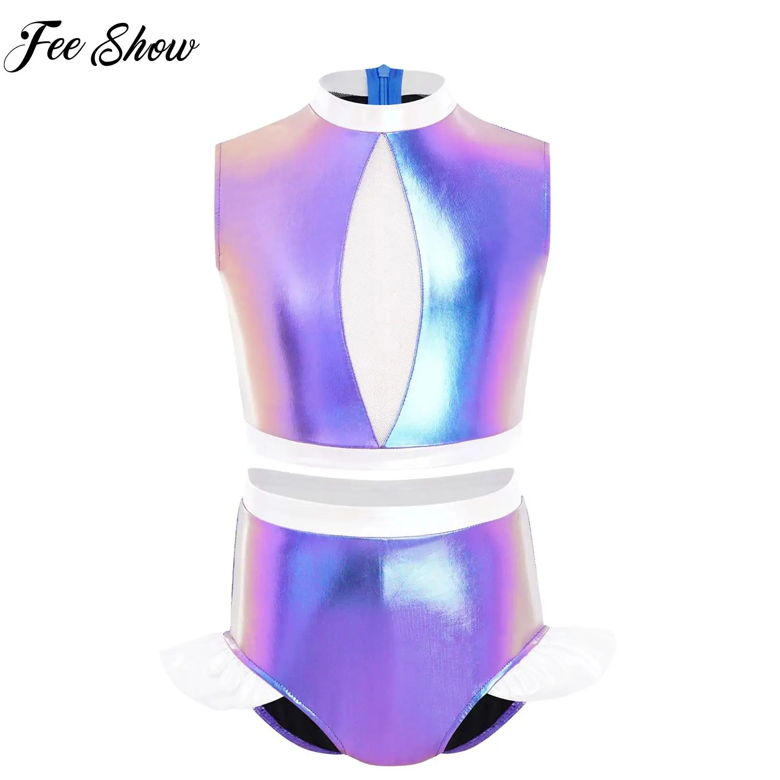 Figure Ice Skating Outfit for Girls Kids Rhythmic Gymnastics Ballet Dance Outfits Sleeveless Mesh Metallic Crop Top+Shorts Sets