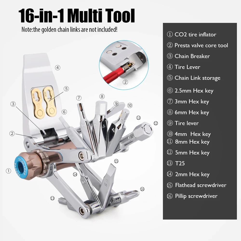 16-in-1 Bike Multi Repair Tool Kit 11-in-1 Multifunctional Tool Cartridge Inflator Chain Breaker Tire Lever Hex Key Screwdriver