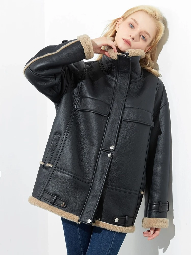 

High-end Luxury Merino Sheep Fur Motorcycle Jacket for Women 2026 New Simple Thickened Warm Winter Genuine Leather Real Fur Coat