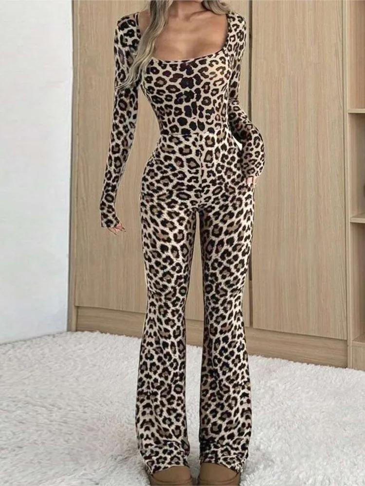 

2025 new autumn slim-fit hip-hugging square-neck leopard print jumpsuit women Casual simple style Long sleeves Trendy high waist