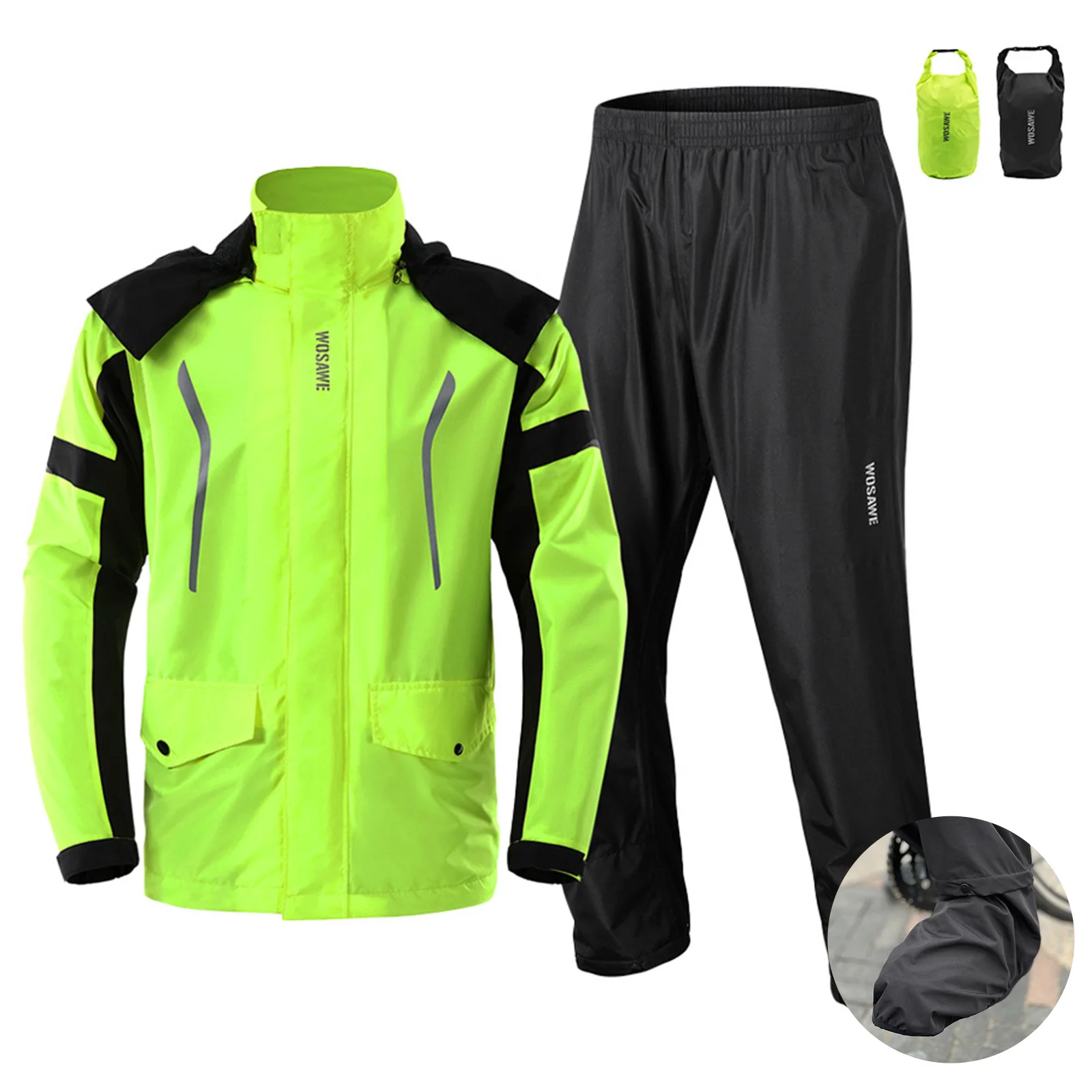 Bicycle Rain Pants Rain Coat Suit Waterproof Reflective Rain Jacket with Detachable Hood & Shoe Cover for Outdoor Cycling