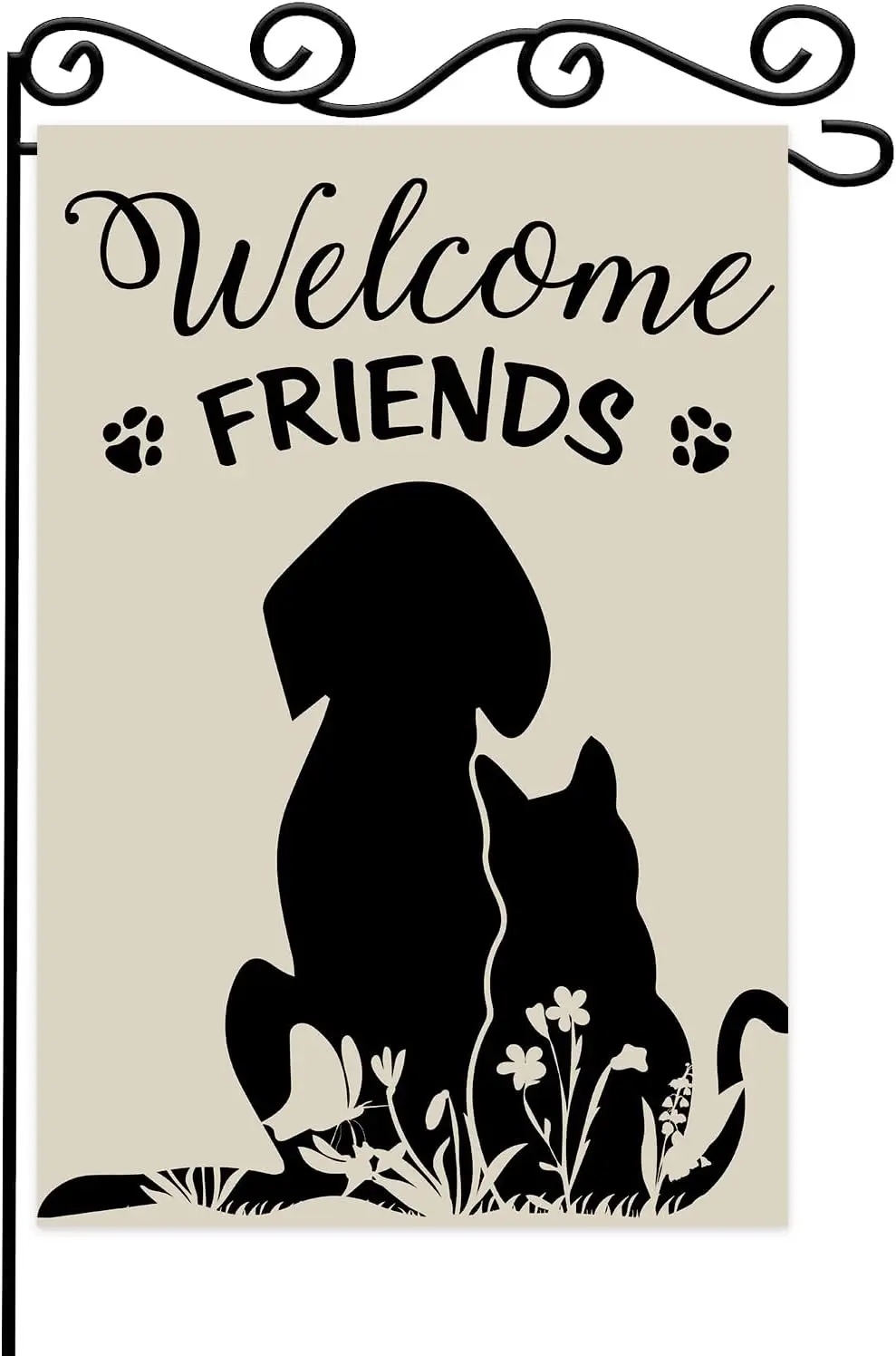 Welcome Friends Garden Flag,Summer Vertical Double Sided Cut Cat and Dog Black Shadow Garden Flags,12 x 18 Inch Rustic Farmh WWP