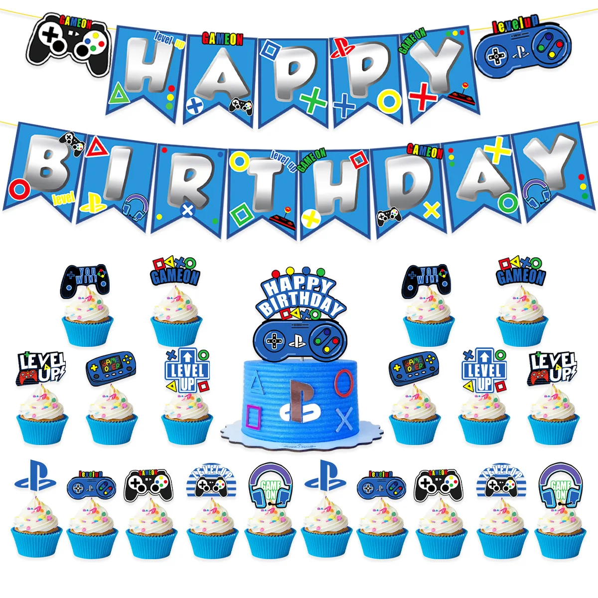 Blue Game Theme Happy Birthday Cake Insert,Game Happy Birthday Banner Party Decoration,Play Games Balloon