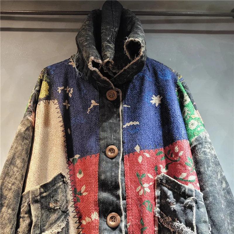 2024 Autumn Fashion Contrasting Color Printing Knitted Splicing Do Old Denim Hooded Cardigan Women Single-breasted Short Jacket