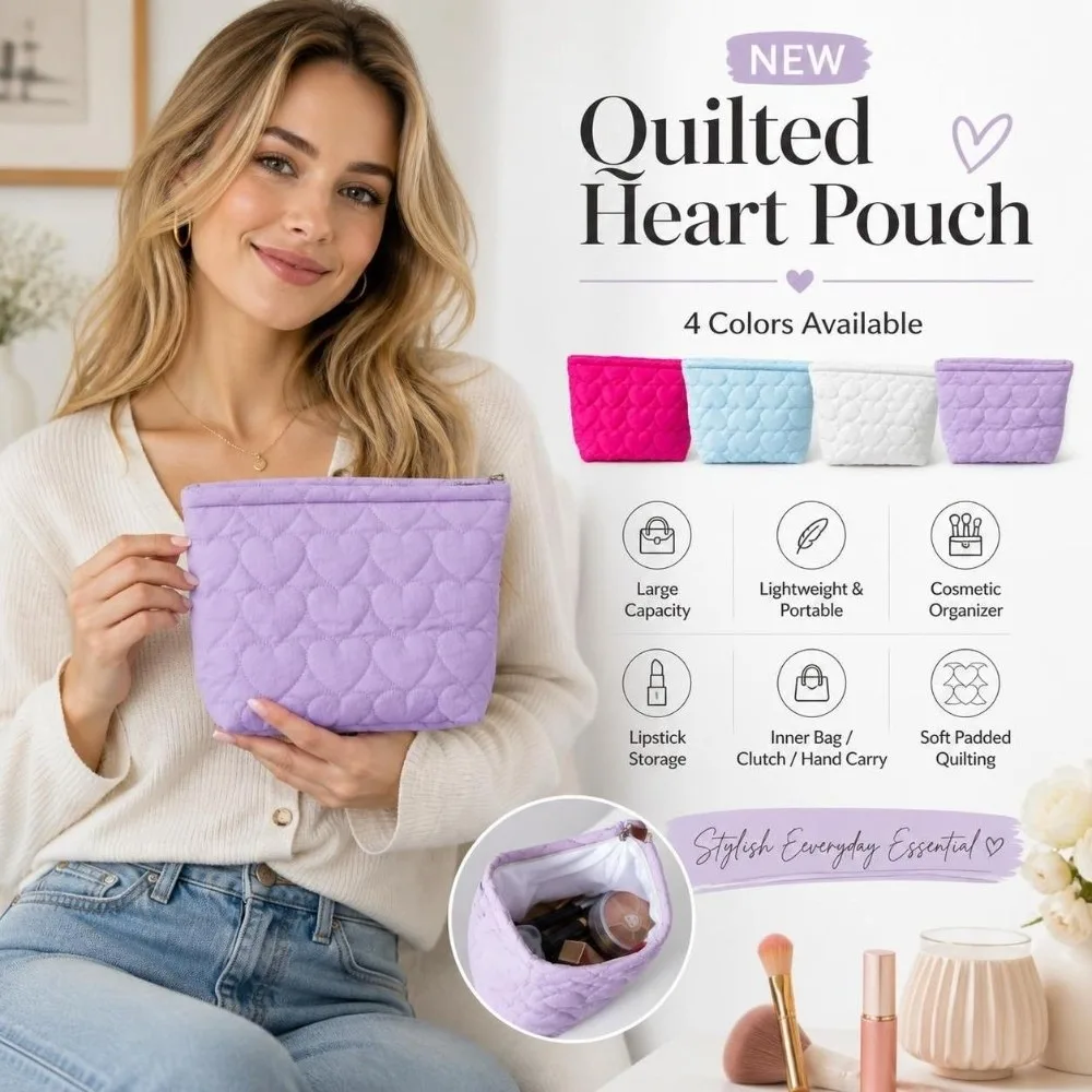 Large Capacity Travel Makeup Organizer Bag Heart Soft Padded Quilted Cosmetic Pouch Zipper Lightweight Makeup Toiletry Bag