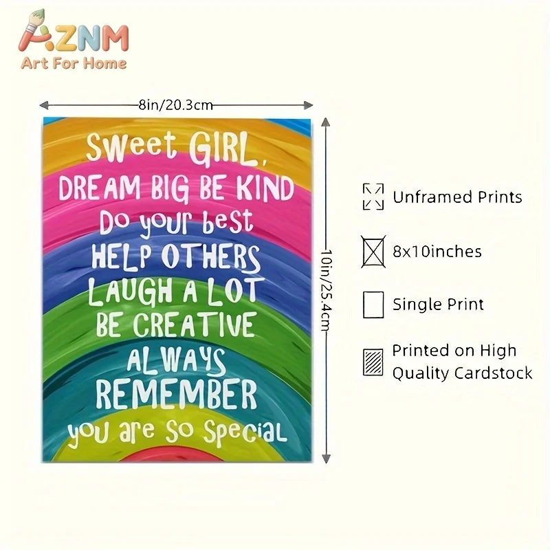 AZNM Sweet Girl Dream Big Be Kind Canvas Wall Art Rainbow Motivational Text Poster Kids Girls Bedroom Nursery Decor Unframed Pri