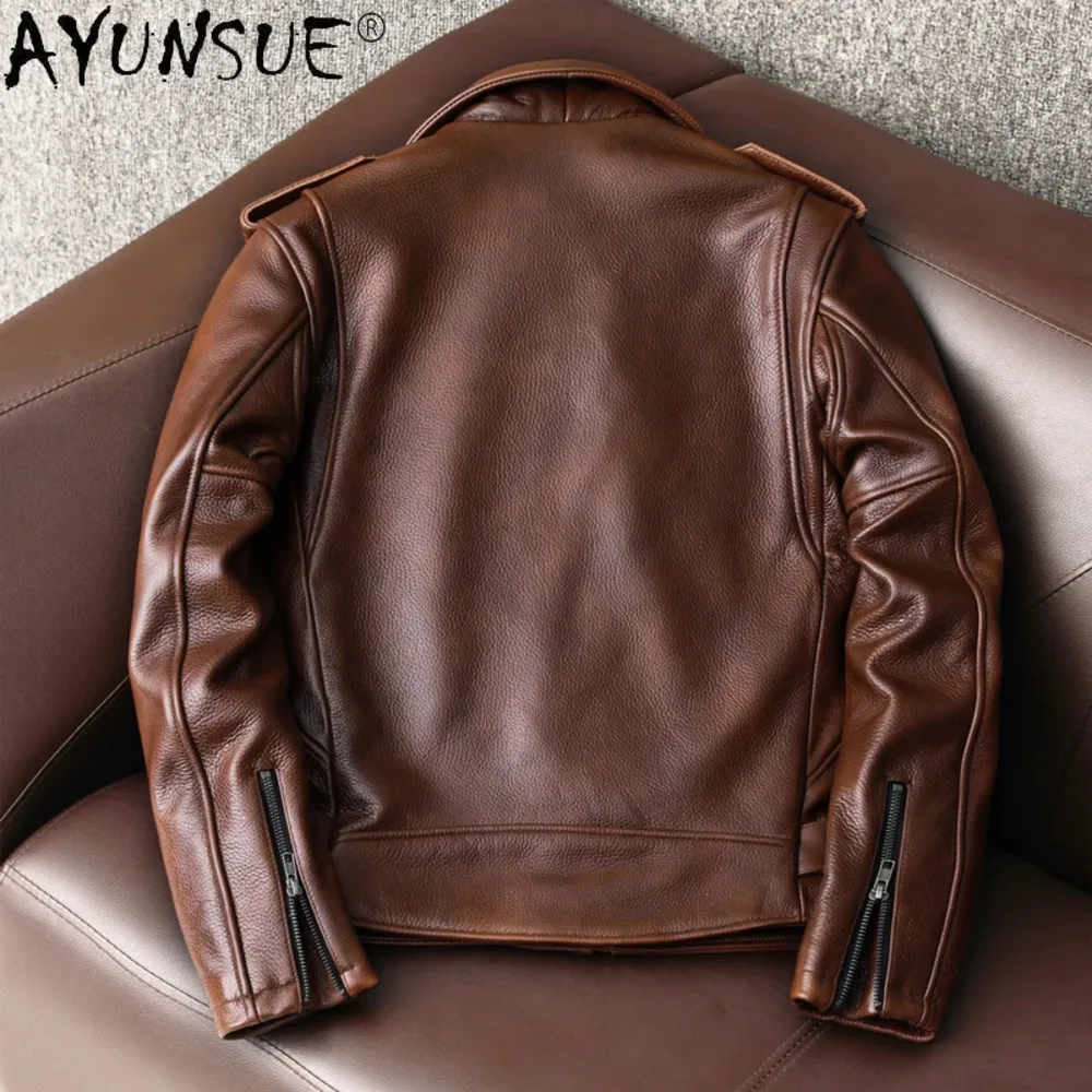 Genuine AYUNSUE Cow Leather Clothing Motorcycle Sheepskin Coat Autumn Spring Brown Biker Jacket for Men Style 2024 KJ