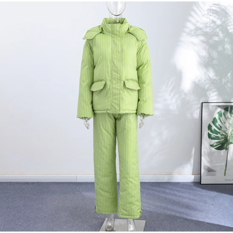 Elegant Printed Cotton Jacket Trouser Women's Set Hooded Thicken Zipper Coat Straight Pants Loose Lady 2026 Winter Autumn Suit
