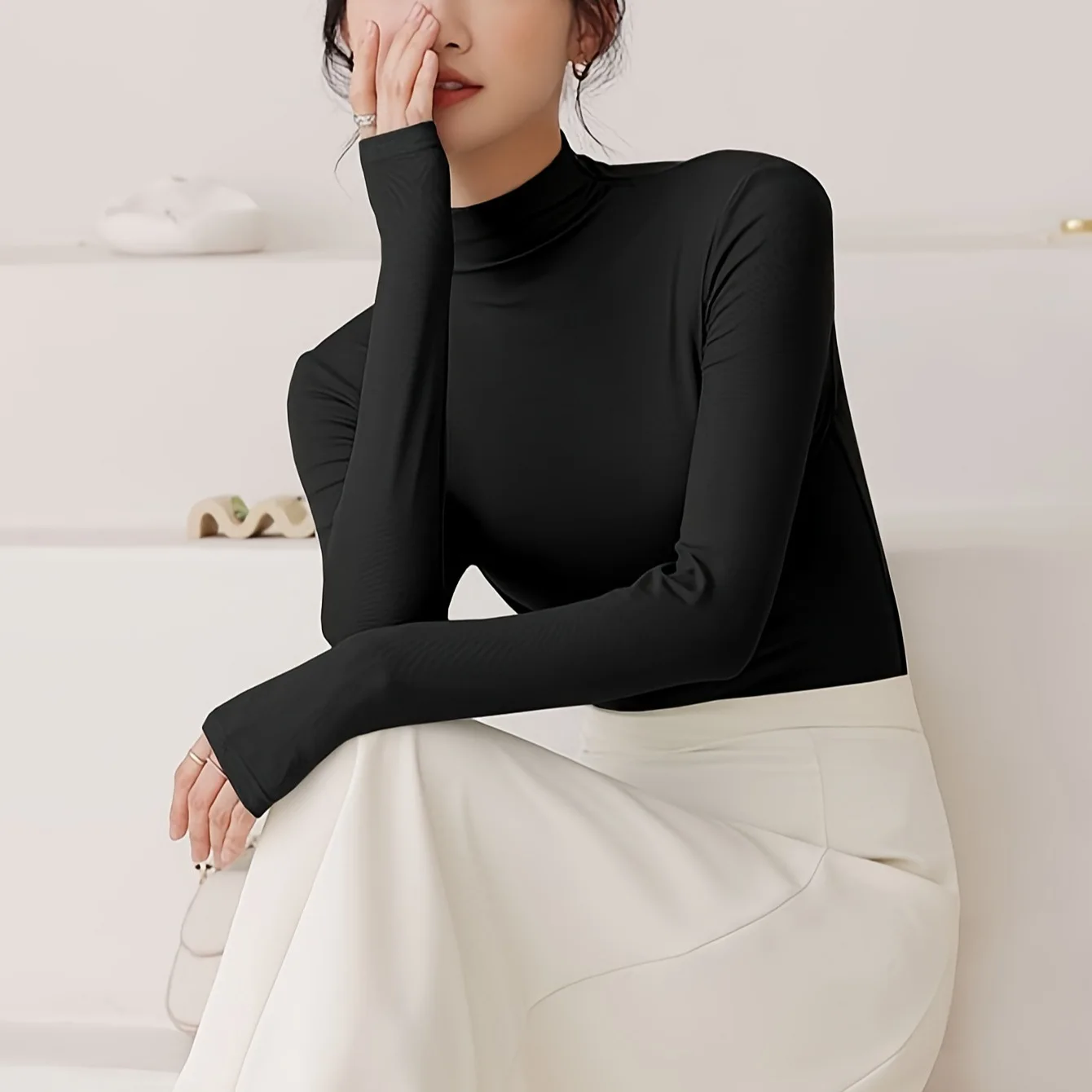 Autumn Winter Slim Fit Mock Neck Long Sleeve T Shirt for Women Solid Color Base Layer Soft Skin Friendly  Seamless Undershirt