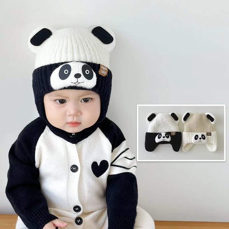 Topi Bayi Rajutan Panda Kartun Topi Balita Bayi Hangat Tebal Musim Dingin Topi Pelindung Telinga Anak Laki-laki Perempuan Lembut