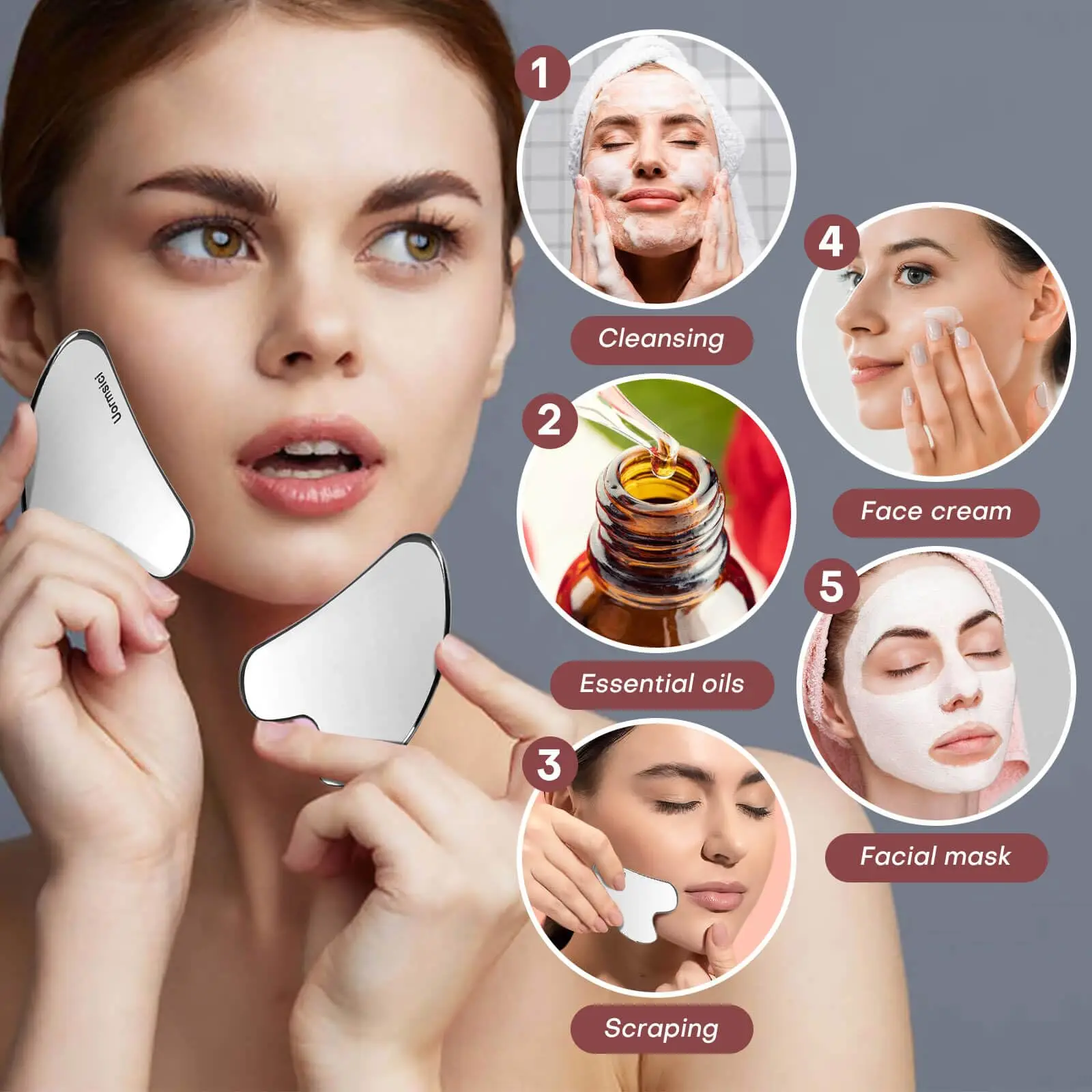 Herramientas faciales Gua Sha de acero inoxidable para apretar la piel, masaje de corazón, herramienta de belleza Guasha para cuerpo, ojos, cuello, masajeador