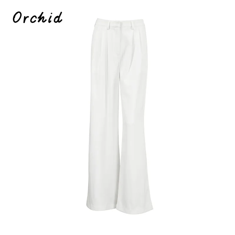 Kantoor Dame Stijl Mode Effen Kleur Hoge Taille Pak Broek Vrouwen Casual Losse Wijde Pijpen Basics Volledige Lengte Witte Broek