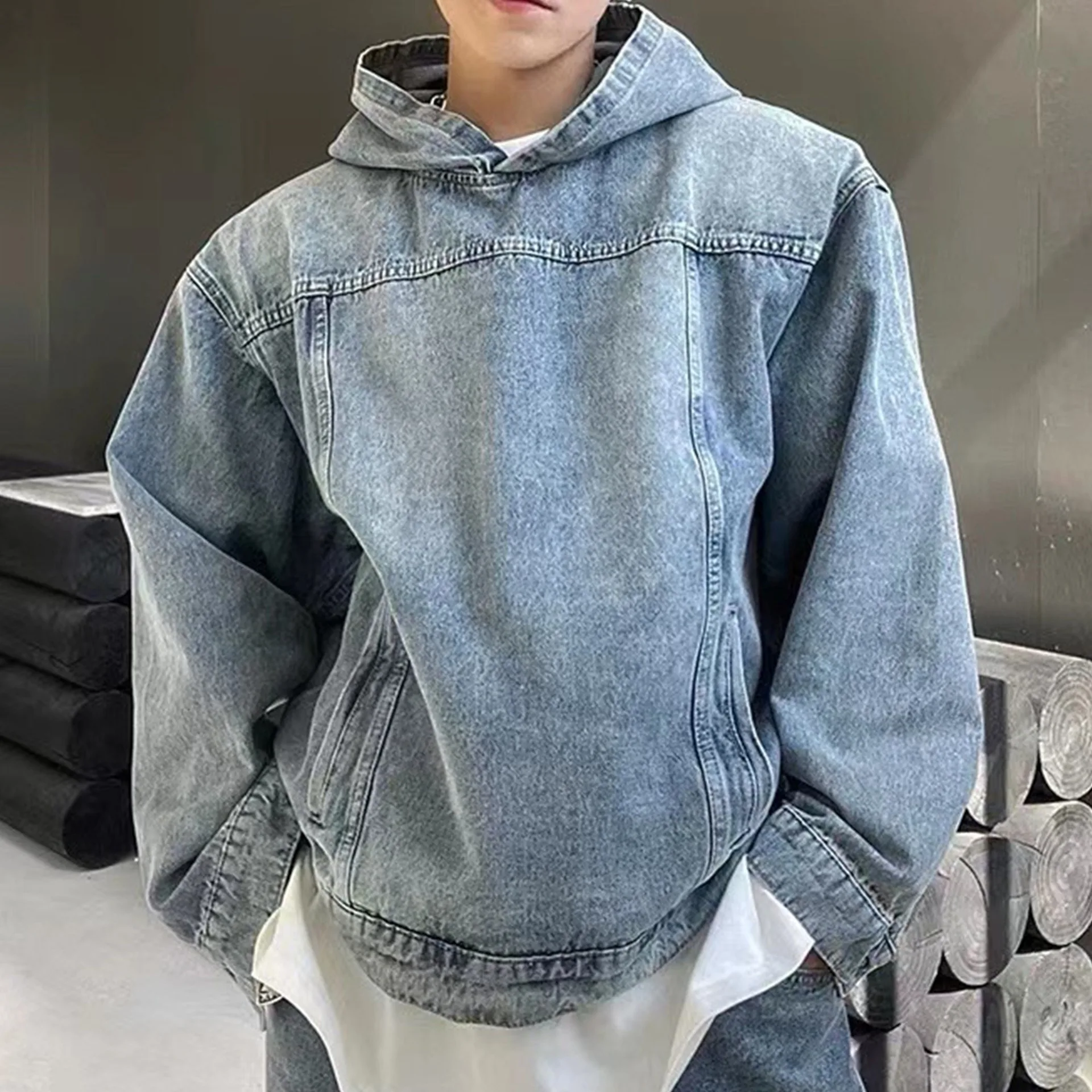 High Street Washed Hooded Denim Jacket, American Vintage Couple Sweatshirt, Distressed Denim Top