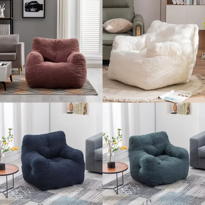 Custom Soft Teddy Fabric Tufted Foam Bean Bag Chair in Ivory Color for Living Room for All Models