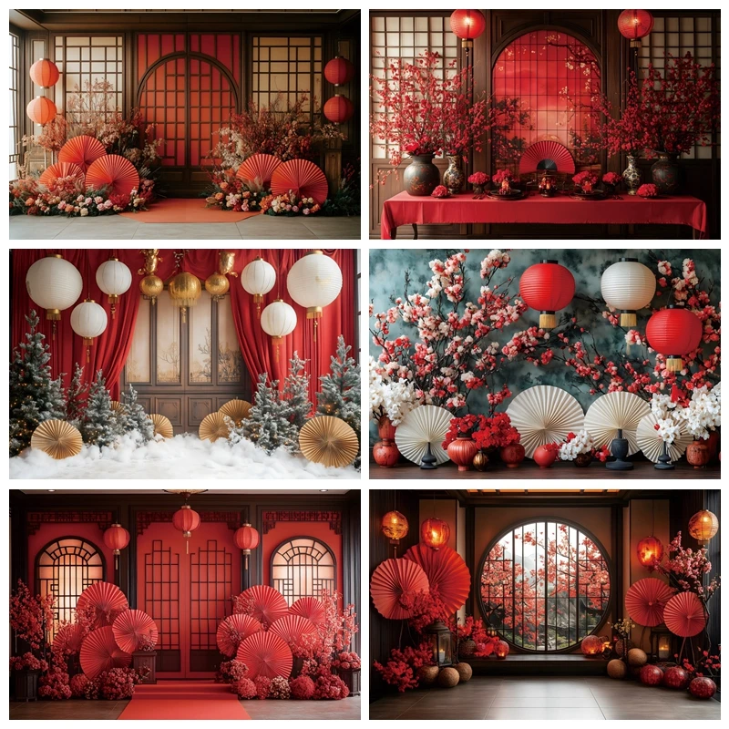 

Red Chinese Style Photograph Backdrop Floral Lantern Chinese New Year Wedding Party Deocr Portrait Background Photo Studio Props