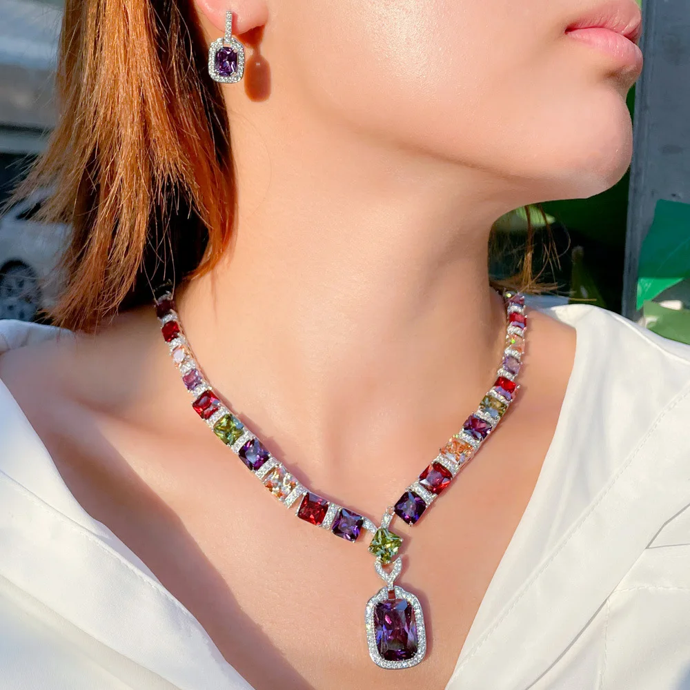 CC Purple Jewelry Sets for Women Pendant Necklace Earring 2pcs Created Topaz Colorful Party Accessories Gift