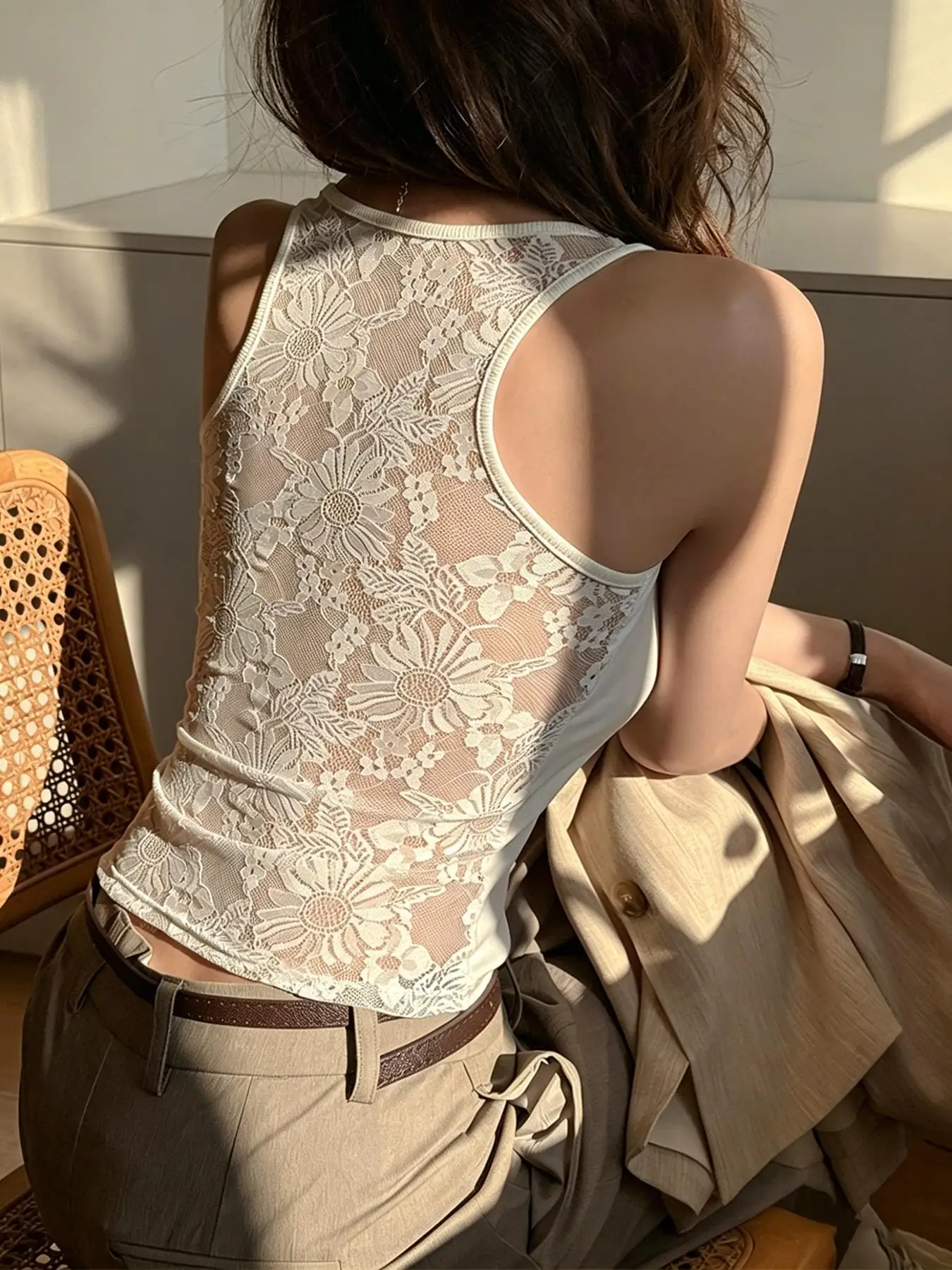 Damen Einfarbiges Spitzen-Top im Koreanischen Stil, Sommerliches Trendiges Baumwoll-Unterhemd, Ärmelloses Camisole mit U-Ausschnitt, Bequemes Damen-Tanktop