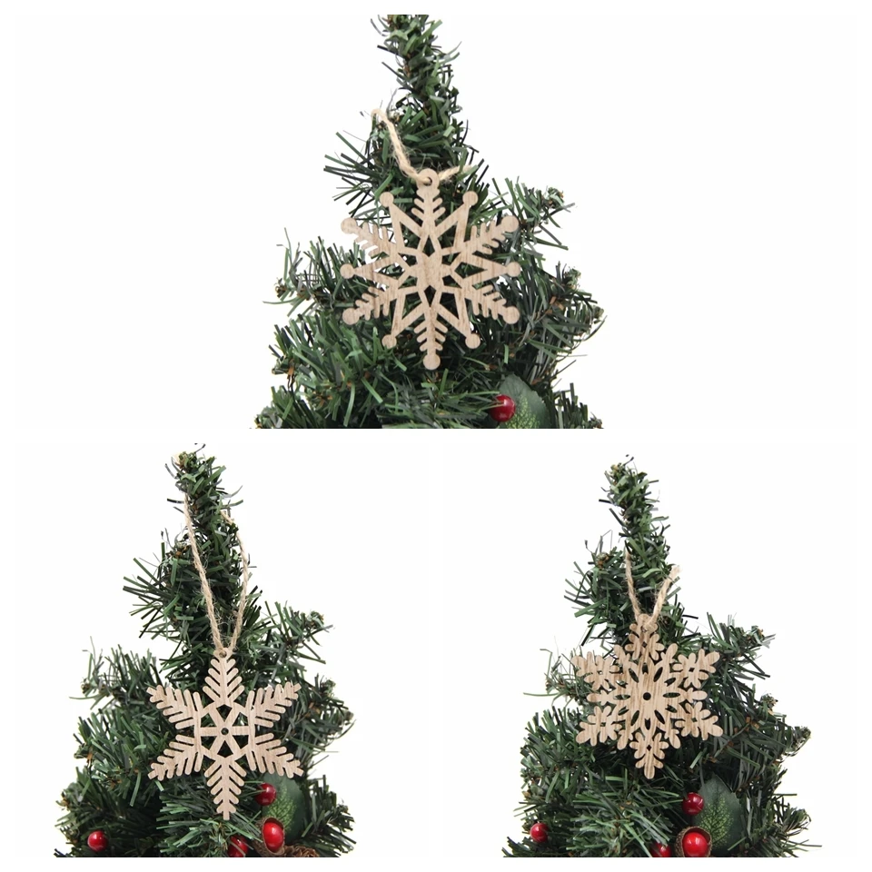 6PCS Vintage Christmas Snowflakes Wooden Pendants Xmas Tree Hanging Ornaments Wood Craft  Kids Toys Christmas Decorations Gifts