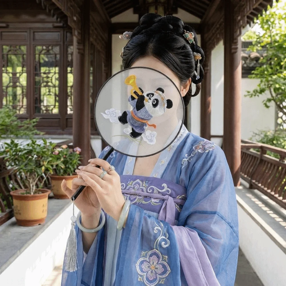 Vintage Wooden Handle Double Sided Embroidery Fan Handheld with Tassel Chinese Style Fan Flower Pattern Hanfu Hand Fan Party