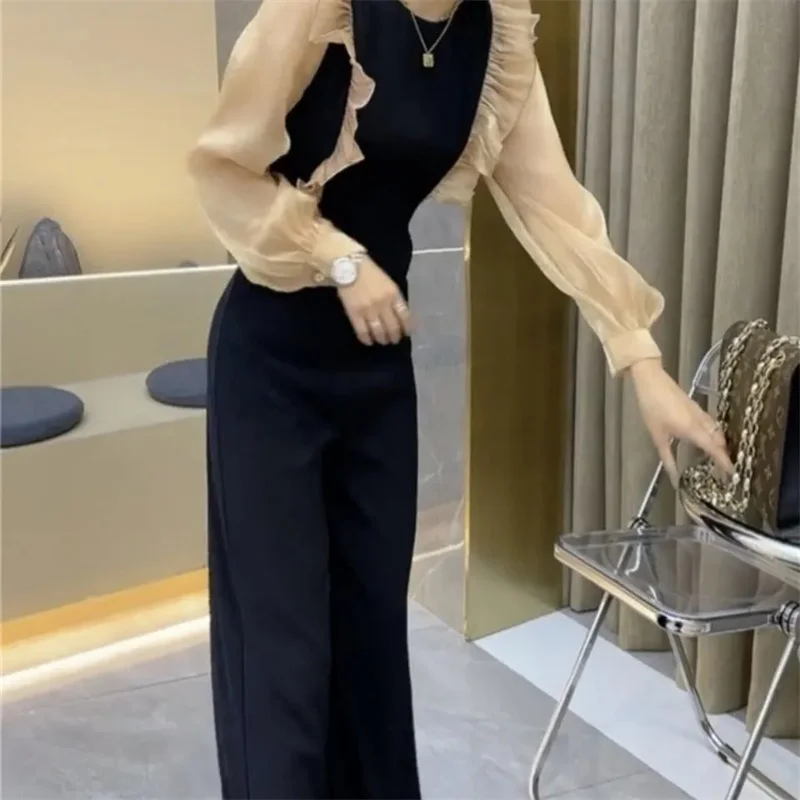 Net Red Temperament Ladies Jumpsuit Female 2024 Spring New Fungus Edge Waist Waist Show Thin Wide Leg Jumpsuit Suit