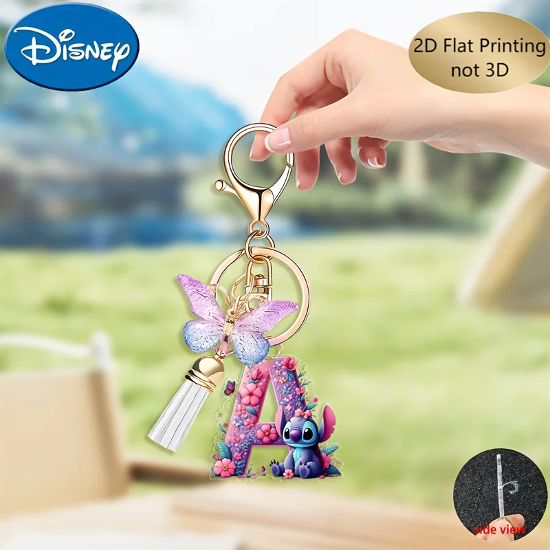 Llavero plano 2D de punto con borla de mariposa, 26 letras A-Z, llavero acrílico púrpura, regalos de fiesta de punto de dibujos animados, 1 ud.