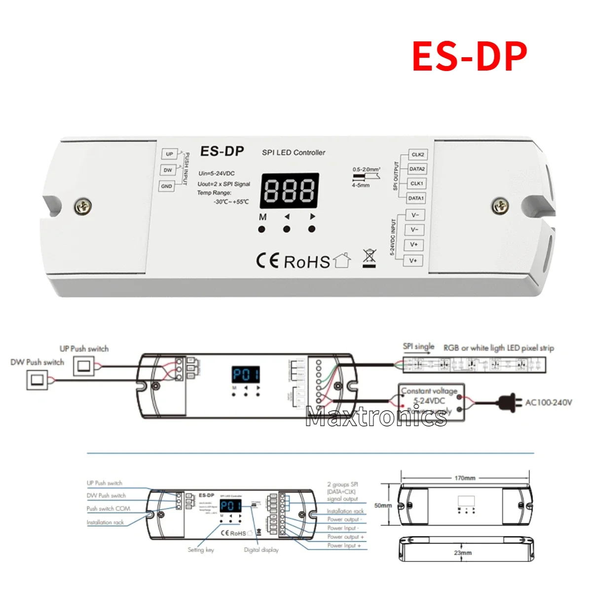 5-24VDC Stair Light Controller Dual Push Button SPI Controller Dimmer ES-DP for WS2811 2812 SK9822 RGB or White Light LED Strip