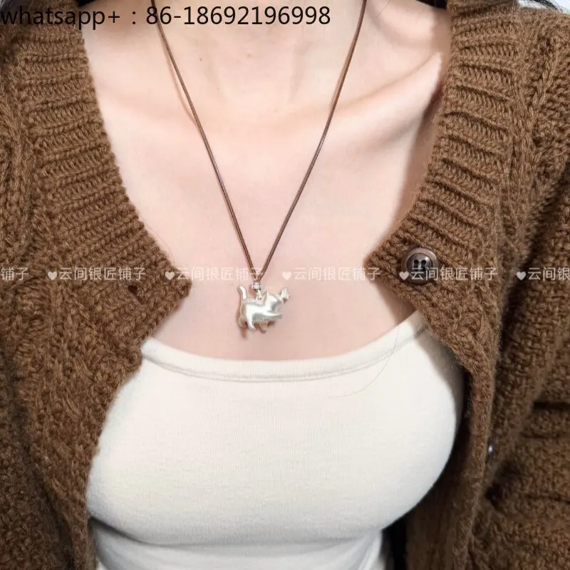 Pure Silver 999.9 Fu Die Proud Cat Ancient Three-dimensional Sterling Silver Necklace Versatile and Does Not Fade
