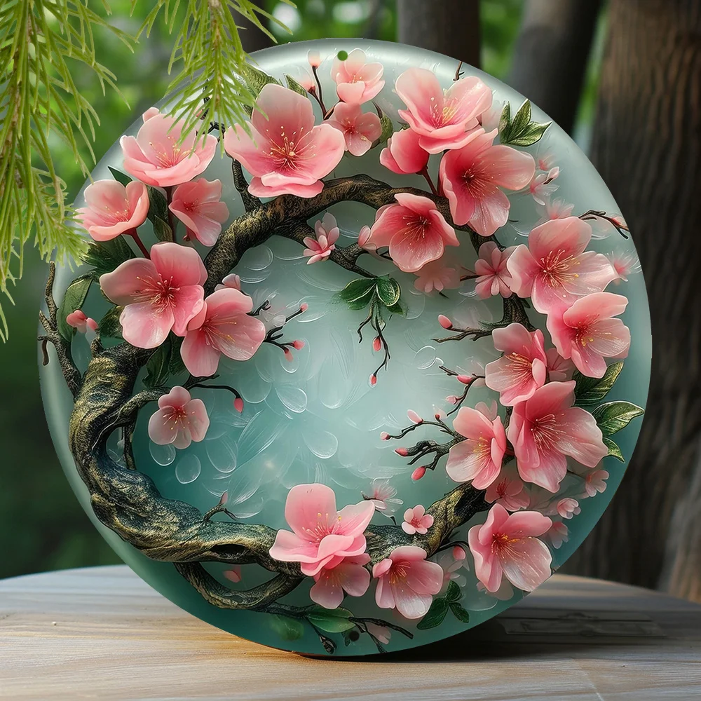 

Round Aluminum Sign Faux Resin Painting Round Wreath Garden Decoration Mother's Day Gifts Spring Blossom Wreath Theme Decoration