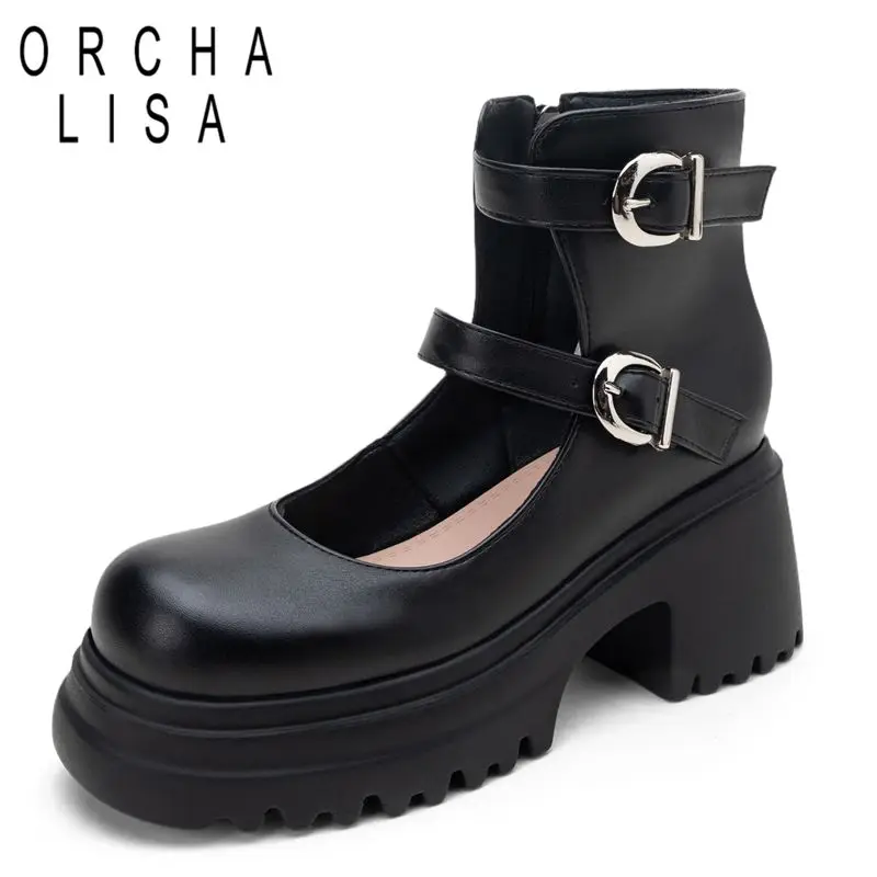 

ORCHA LISA 2025 Женские летние ботильоны с круглым носком на массивном каблуке 7,5 см с пряжкой и ремешком Плюс Размер 43 44 45 Мода для свиданий для девочек Bota