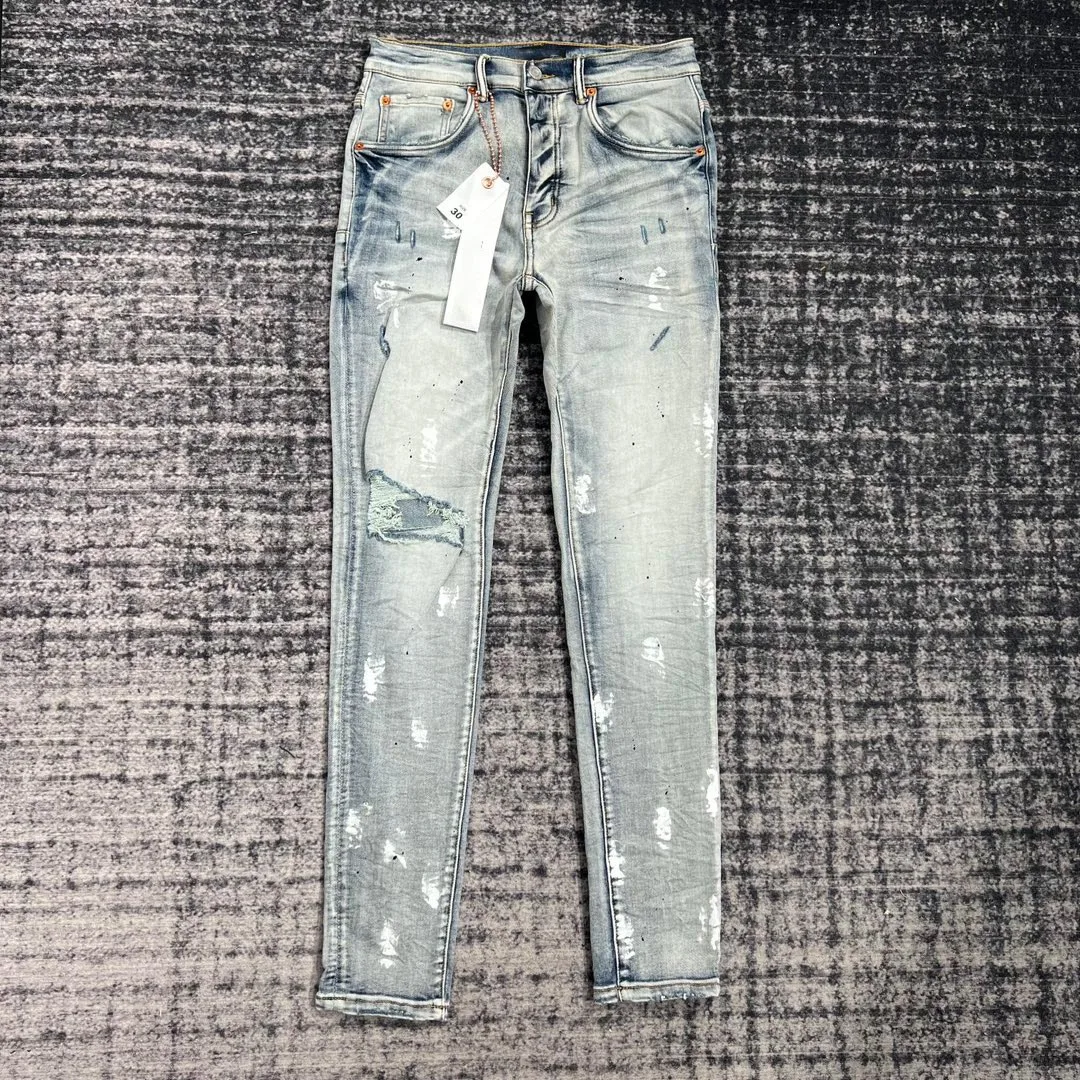 

men random white paints distressed lt blue jeans slim fit