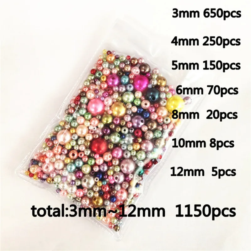 3-12mm Mix Size 1150pcs Pearl Wtraight Holes Round Imitation Plastic Pearl Beads For Needlework & Jewelry Making Free Shipping