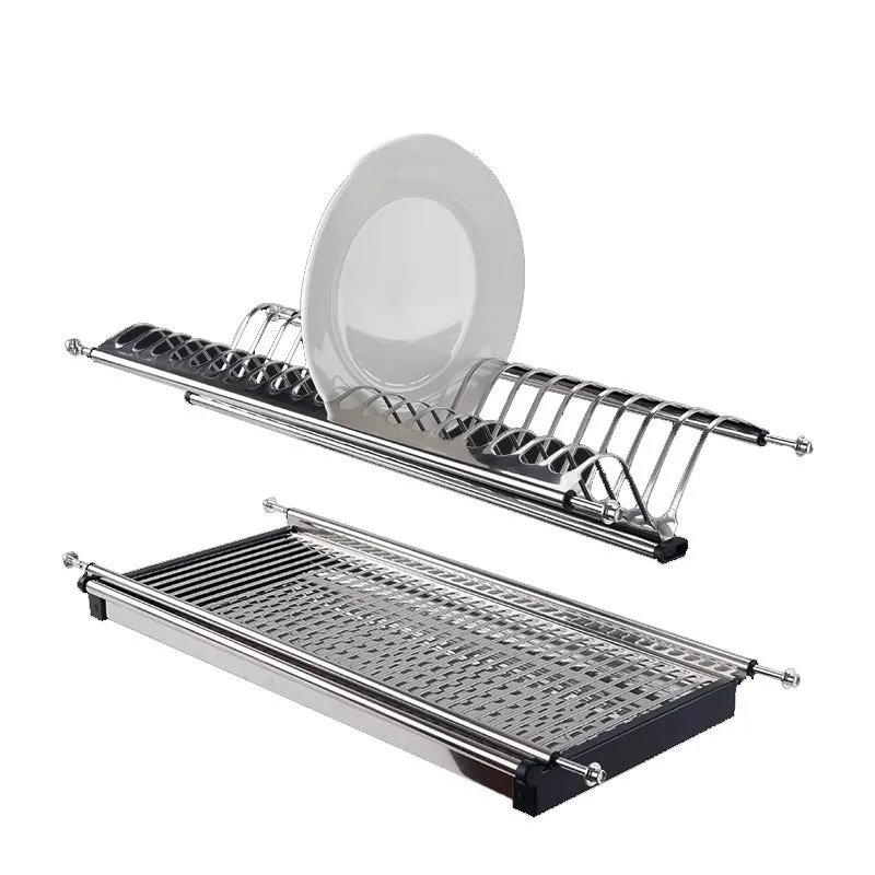 Stainless steel dish rack wall-mounted built-in double-layer storage basket kitchen cabinet