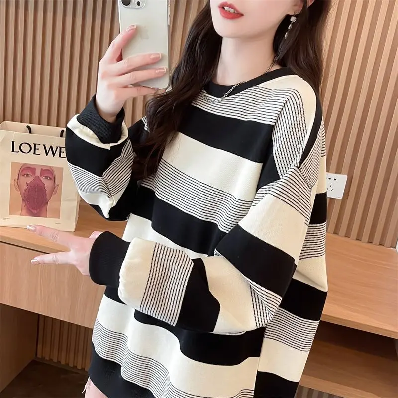 Striped Hoodie Women's Mid Length Plus Size Loose New Design Versatile Flesh Blocking Slimming Long Sleeved Top Trendy