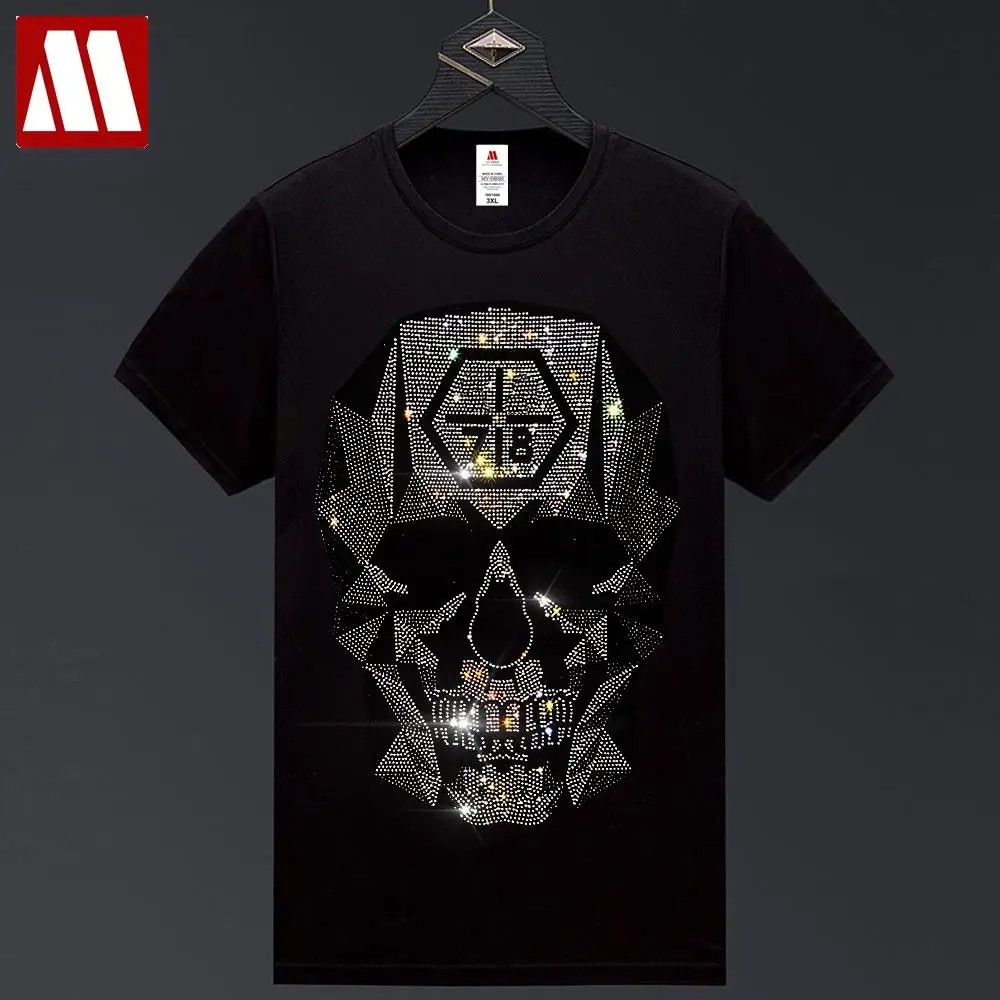 2024 Summer Men\'s Design Black Skull Rhinestones T shirts Man Slim Fit Elastic Cotton Diamond Print Tees Streetwear Cool Tops