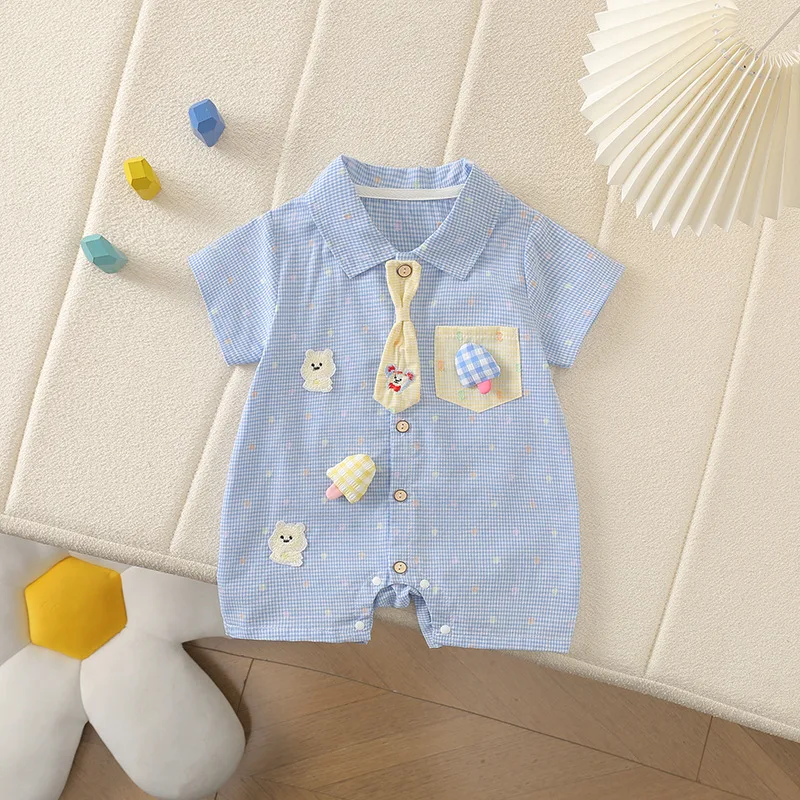 Summer Korean Style Baby Jumpsuit Tie Teddy Bear Reverse Collar Infant Clothing Plaid Short Toddler Romper for Boys and Girls