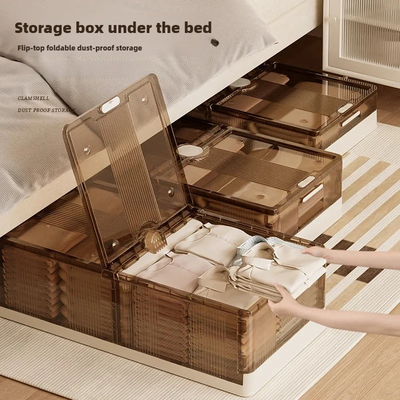 

Bed Folding Storage BoxPlastic Transparent Container with Rollers Dustproof for Toys Clothes and Bedding Space Saver