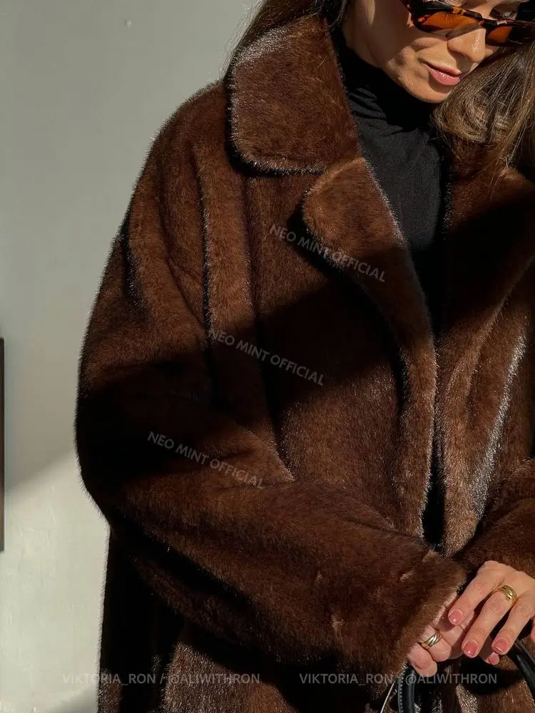 Neo Mint-abrigo de piel de visón sintética para mujer, Chaqueta larga de lujo con ganchos de cristal, abrigo cálido de estilo callejero, marca