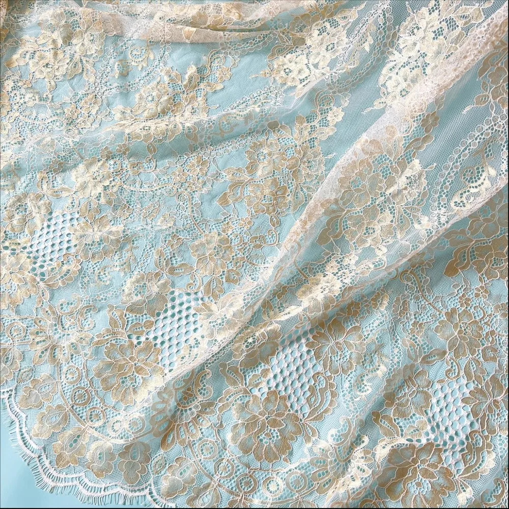 Gold 1.5meter Wide, 3meters Length French Chantilly Lace Fabric Exquisite Wedding Gown