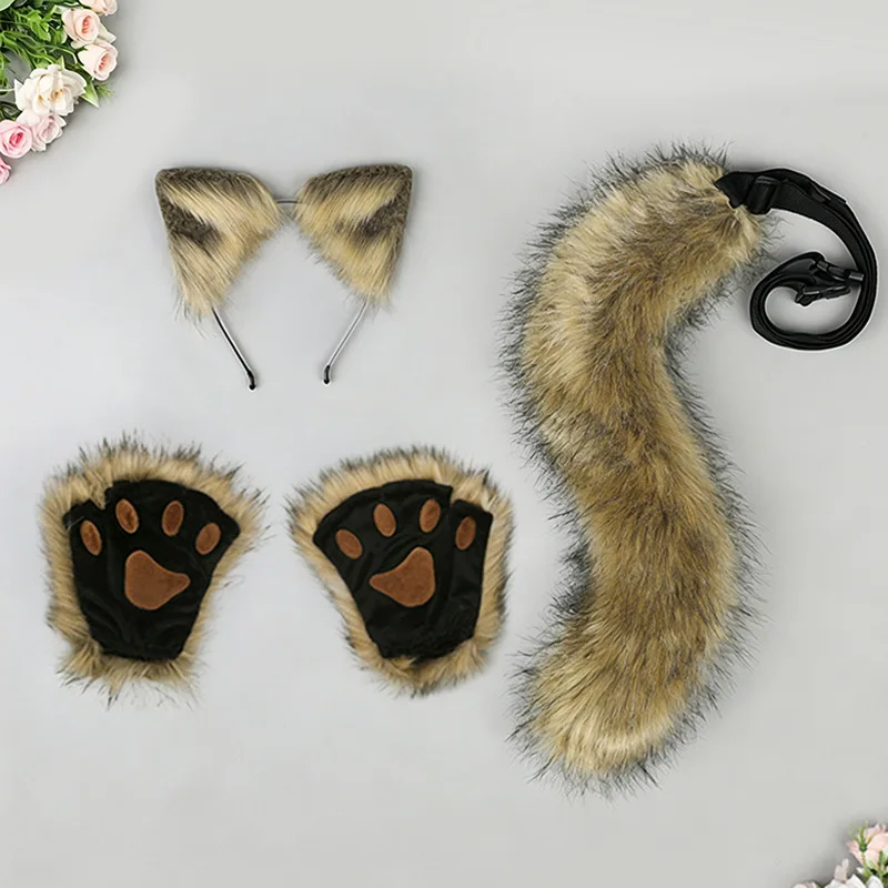 Handmade Realistic Plush Cartoon Cat Ears Headpiece L52cm Tail and Open-Fingered Cat Paw Gloves Halloween Party Cosplay Props