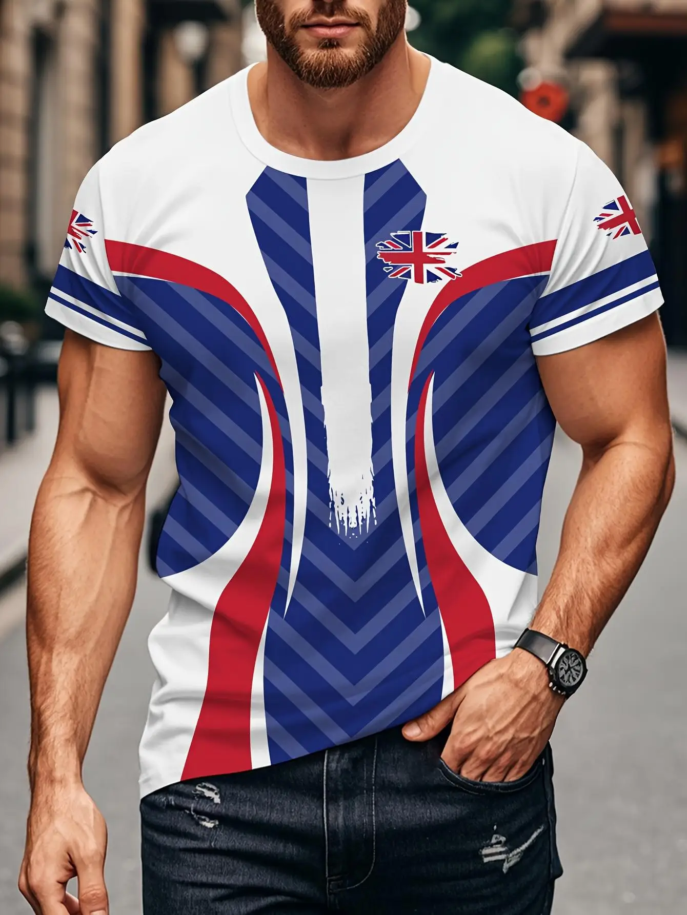Men UK Flag Union Jack Red Blue White Chevron Stripe Graphic Print Tee O Neck Short Sleeve Casual Top