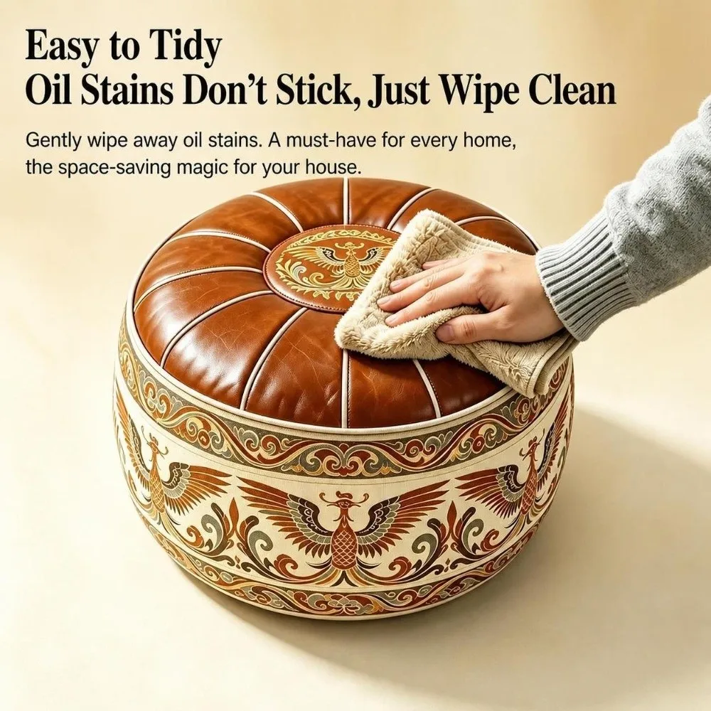 New PU Leather Fillable Ottoman Pouf Embroidered Pattern Moroccan Style Round Pouf Cover Round Shape Storage Ottoman Home Use