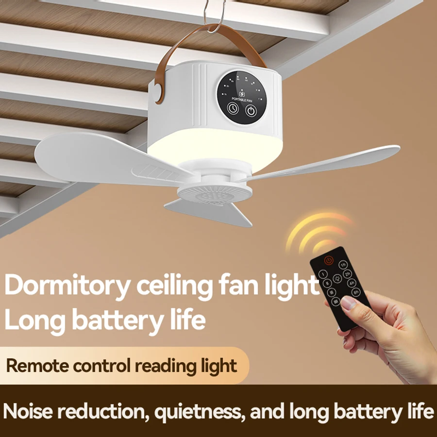 4 Speeds Portable Ceiling Fan, LED Display, 3-Level Night Light, 1-8H Timer, 3600mAh, Remote Control, Quiet Mini Fan for Camping