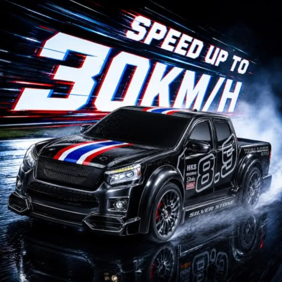 High Speed RC Truck for outdoor racing, ABS plastic body, red/black, 30 KPH speed with 4WD traction and 3 interchangeable tires