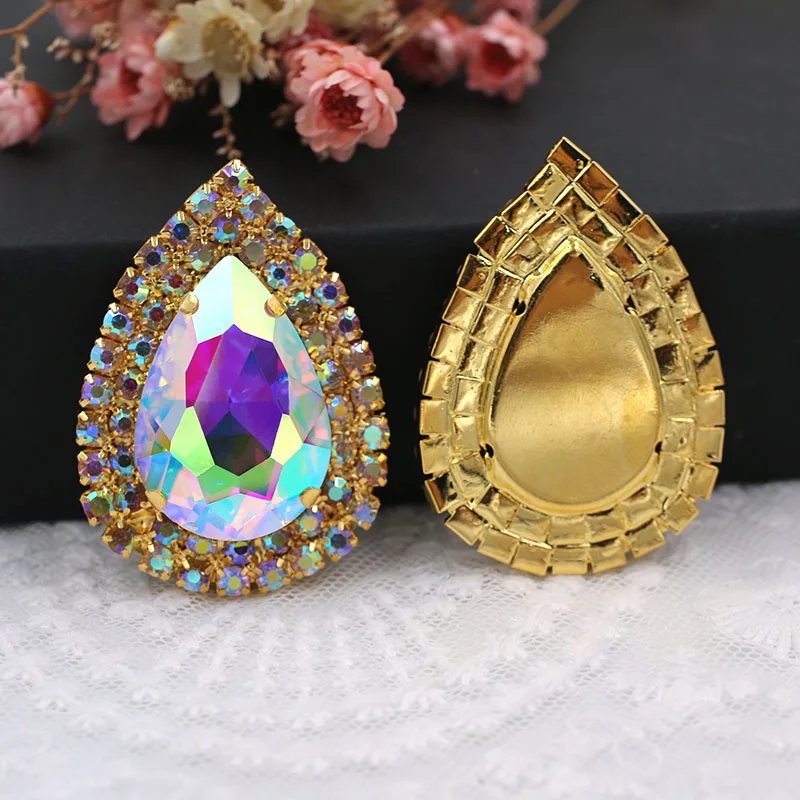 NEW Clothing Accessories Big Size 20x30mm Glass Crstal Stone Double Row Chain Rim Teardrop Shape Sew On Rhinestones Diy Dress