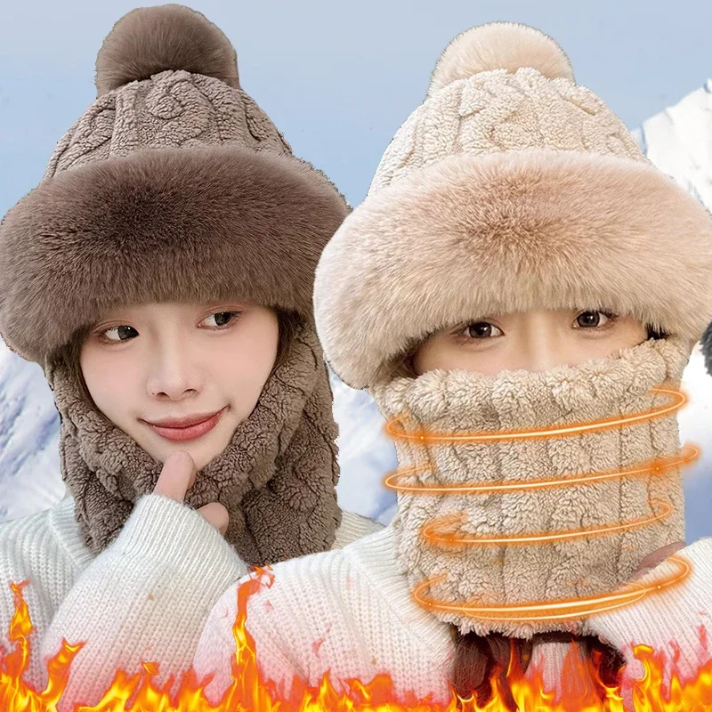 Winter Scarf Hooded Set Women Winter Thicken Neckerchief Plush Ball Warm Figured Fluffy Ear Protection Anti-cold Pullover Hats