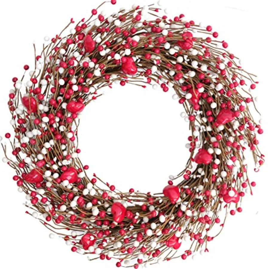 

24 Inch Valentines Day Red and White Berries Wreath for Front Door Heart Shape Shiny Berries Wreath for Home Decor Wedding Red