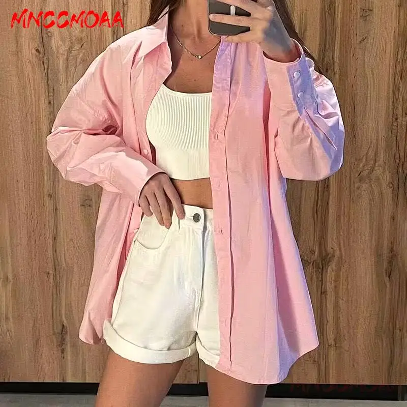 

MNCCMOAA-Women's Single-Breasted Cotton Shirt, Female Casual Long Sleeve Oxford Blouses, Loose Tops, High Quality, Fashion, 2024