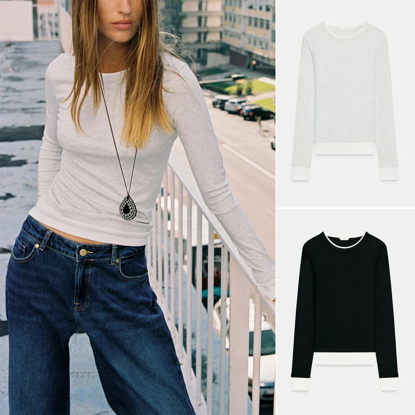 خريف شتاء جديد المرأة سليم صالح جولة Ne Long Sve مستقيم أنبوب بوت طبقة مزدوجة اللون بلو تي شيرت أعلى